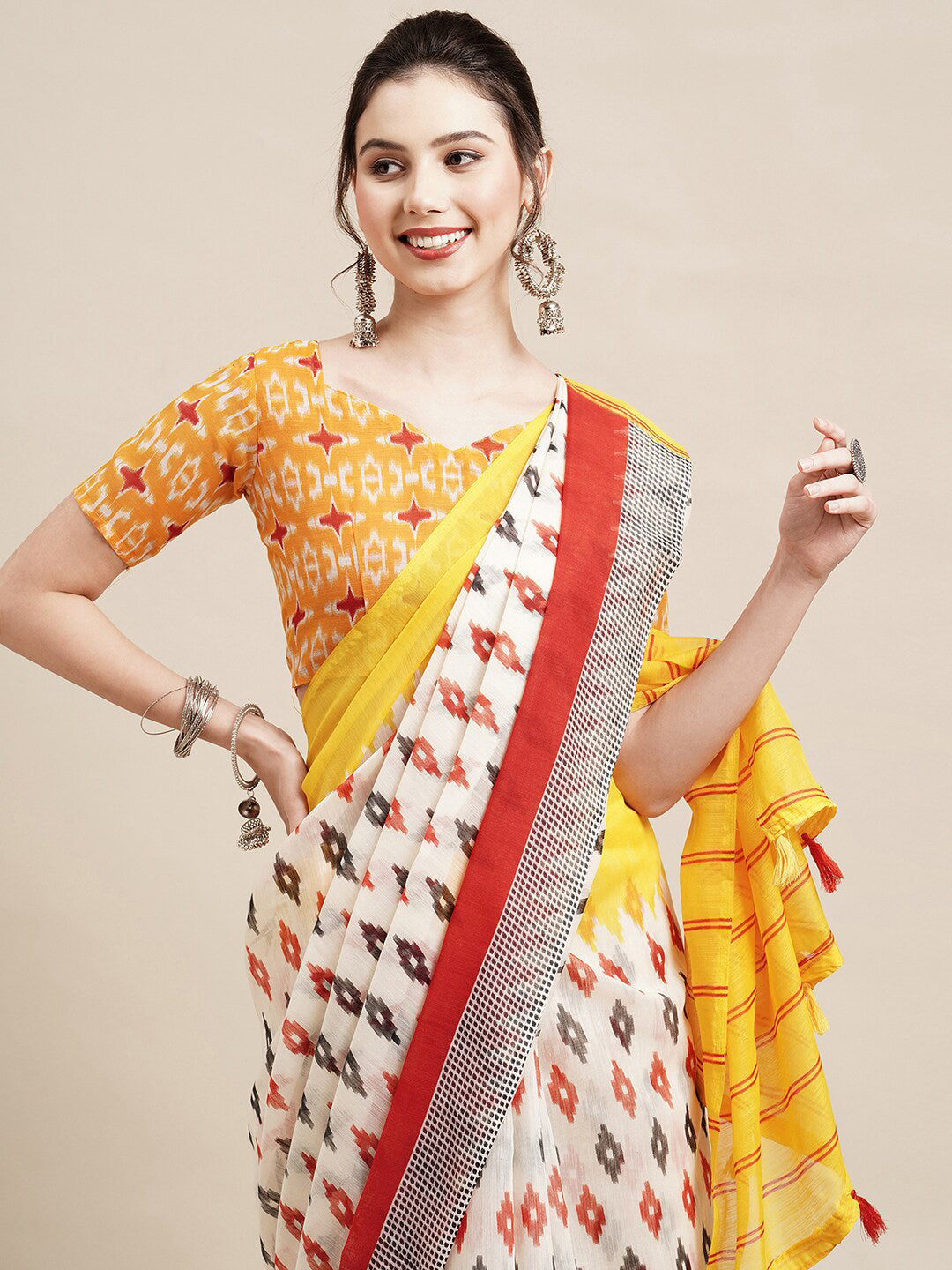 Saree Mall Off White & Red Pure Cotton Saree | Grocsy
