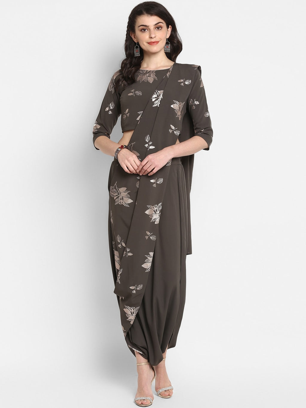 Janasya Women Grey & Silver Floral Print Top with Dhoti Pants & Dupatta | Grocsy