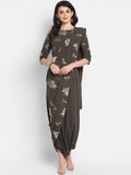 Janasya Women Grey & Silver Floral Print Top with Dhoti Pants & Dupatta | Grocsy