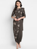 Janasya Women Grey & Silver Floral Print Top with Dhoti Pants & Dupatta | Grocsy