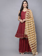 HERE&NOW Women Maroon Ethnic Motifs Printed Kurta with Palazzos & With Dupatta | Grocsy