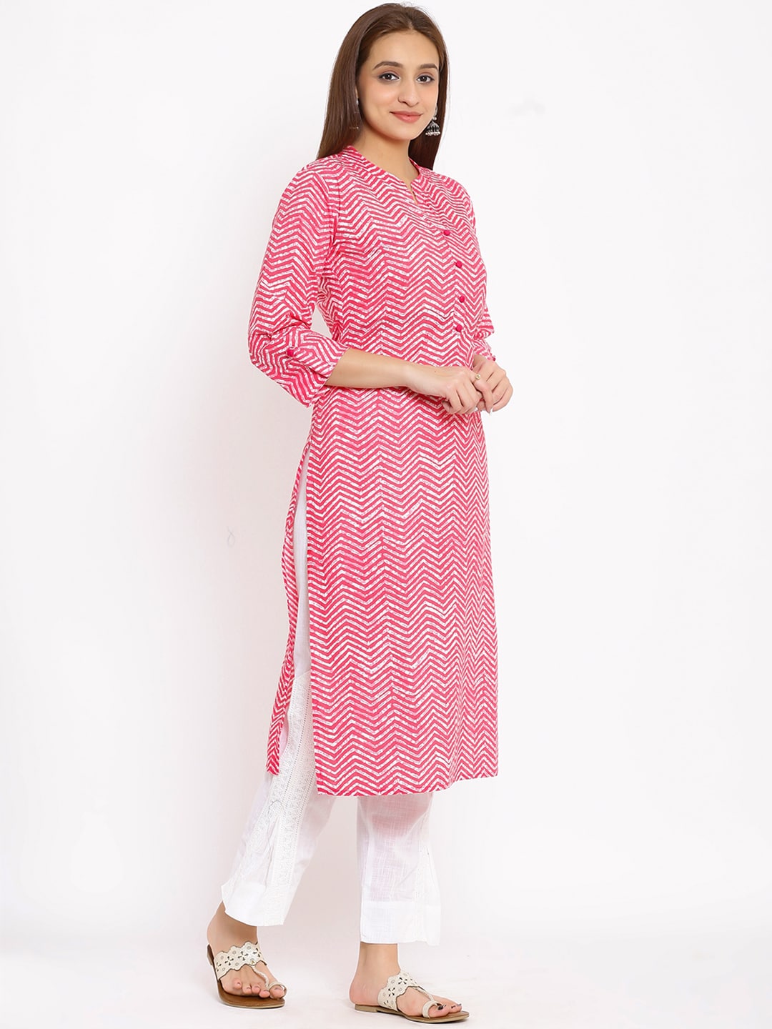 HERE&NOW Pink Chevron Printed Regular Kurta with Trousers | Grocsy