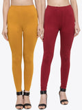TAG 7 Women Pack Of 2 Mustard Yellow & Maroon Solid Churidar-Length Leggings | Grocsy