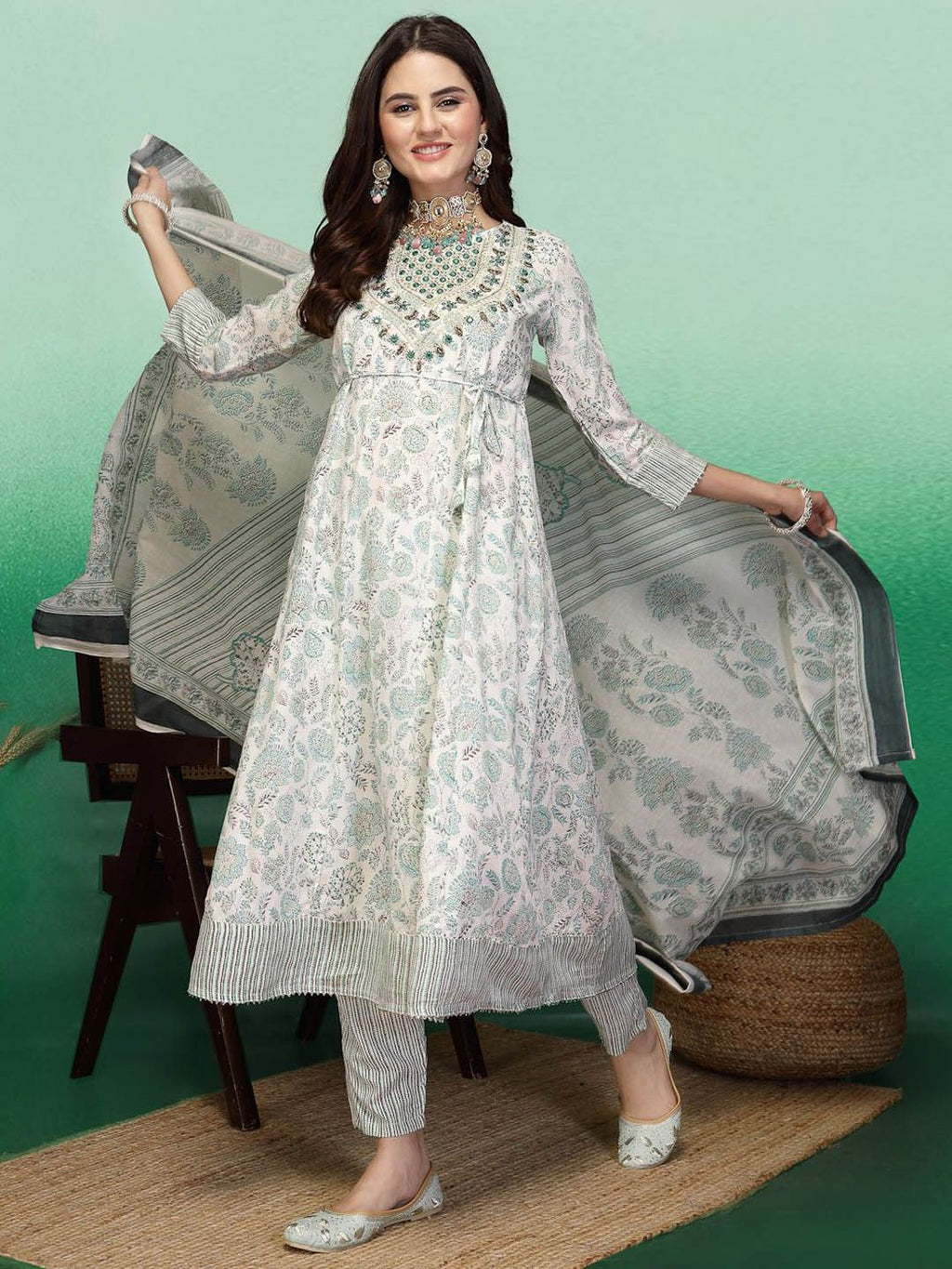 Sangria White & Green Floral Printed A-Line Kurta With Trouser & Dupatta | Grocsy