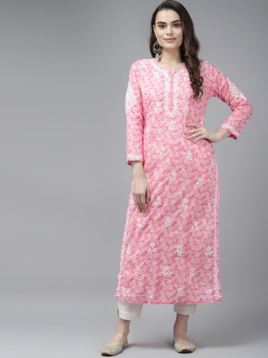 ADA Women Pink & White Floral Chikankari Cotton Handloom Kurta | Grocsy