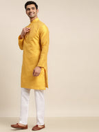 Sojanya Men Mustard Yellow Kurta with Churidar & Nehru Jacket | Grocsy