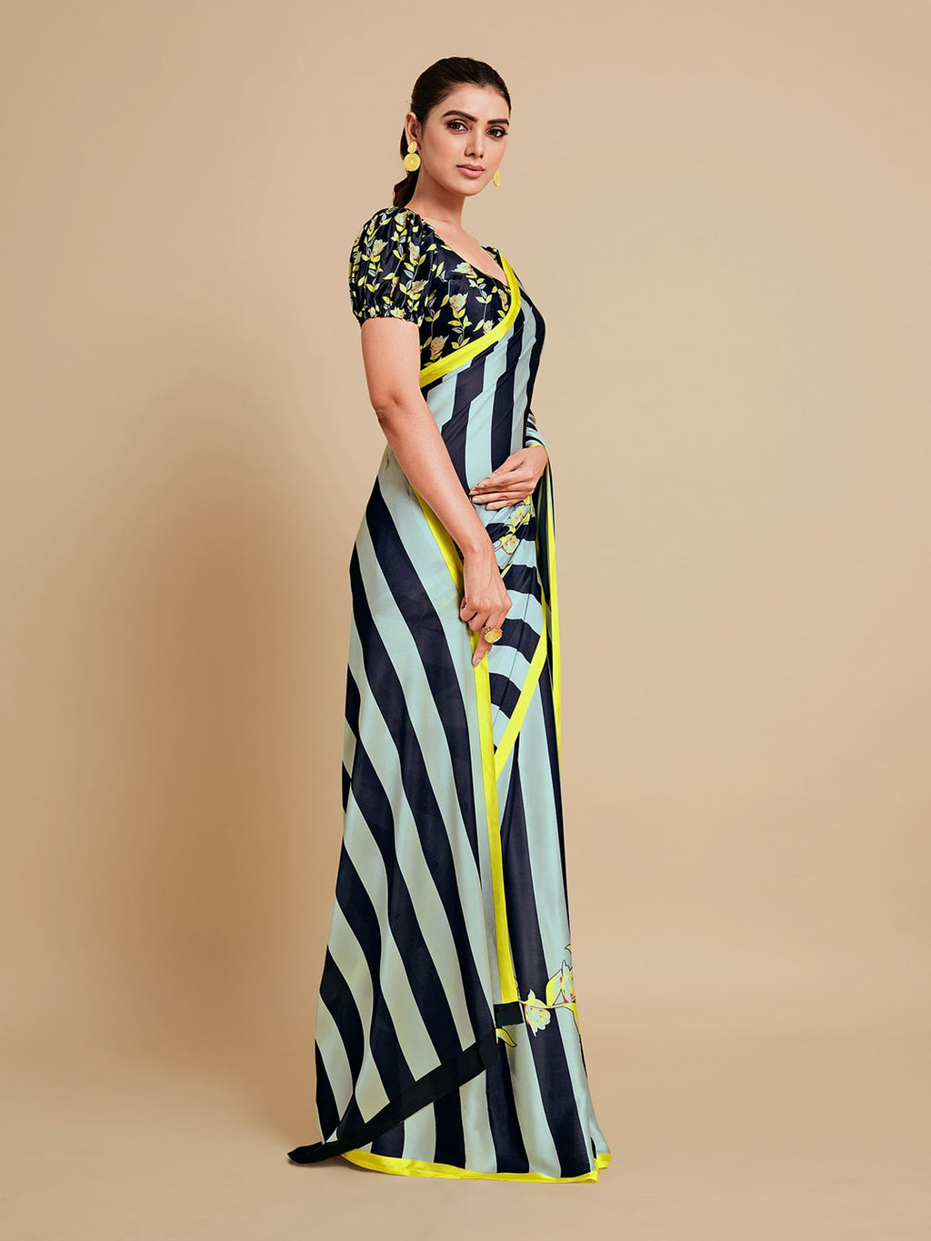 Sangria Navy Blue & Green Striped Satin Saree | Grocsy