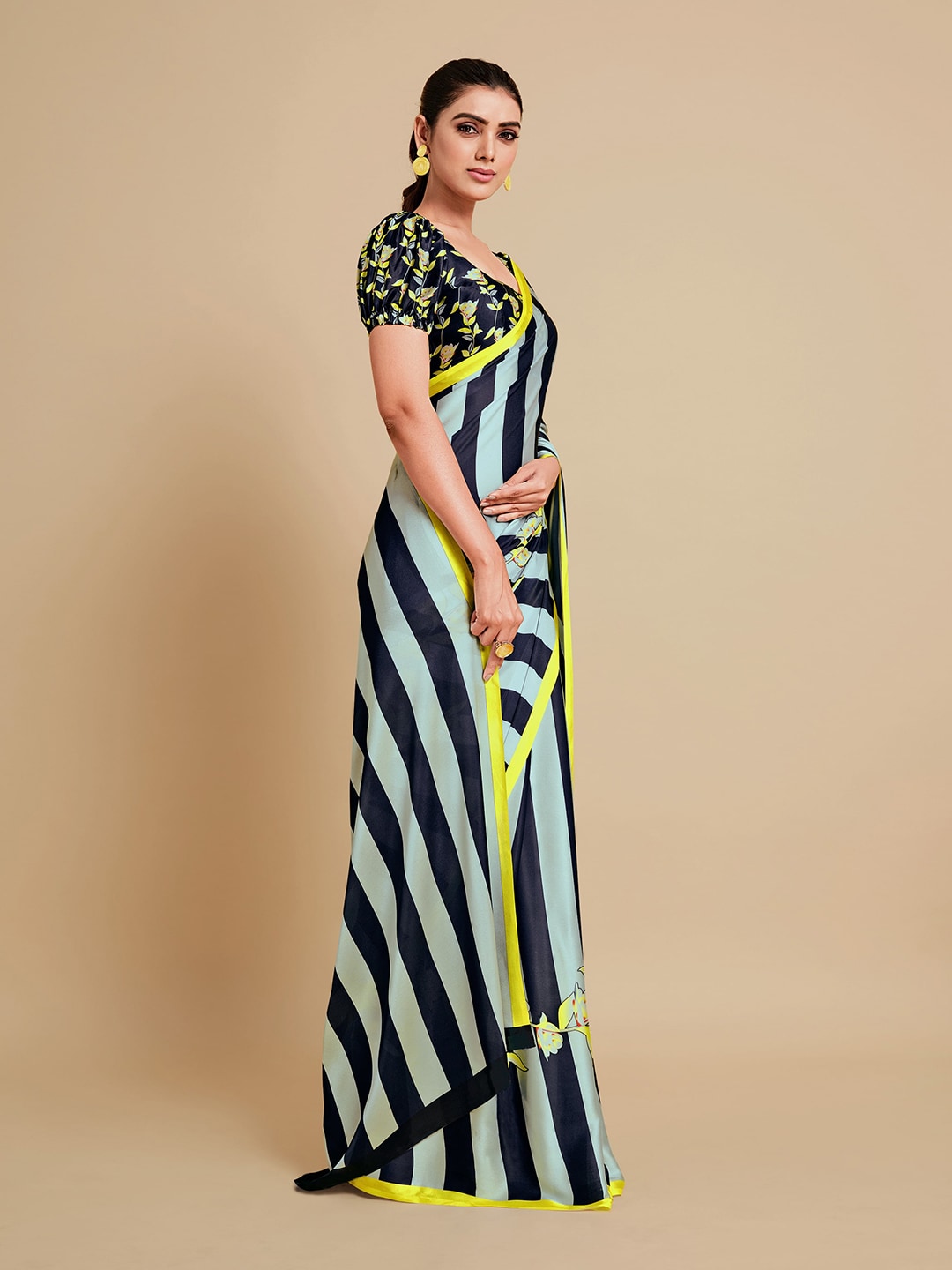 Sangria Navy Blue & Green Striped Satin Saree | Grocsy