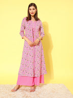 HERE&NOW Women Pink Floral Printed Regular Pure Cotton Kurta with Palazzos | Grocsy