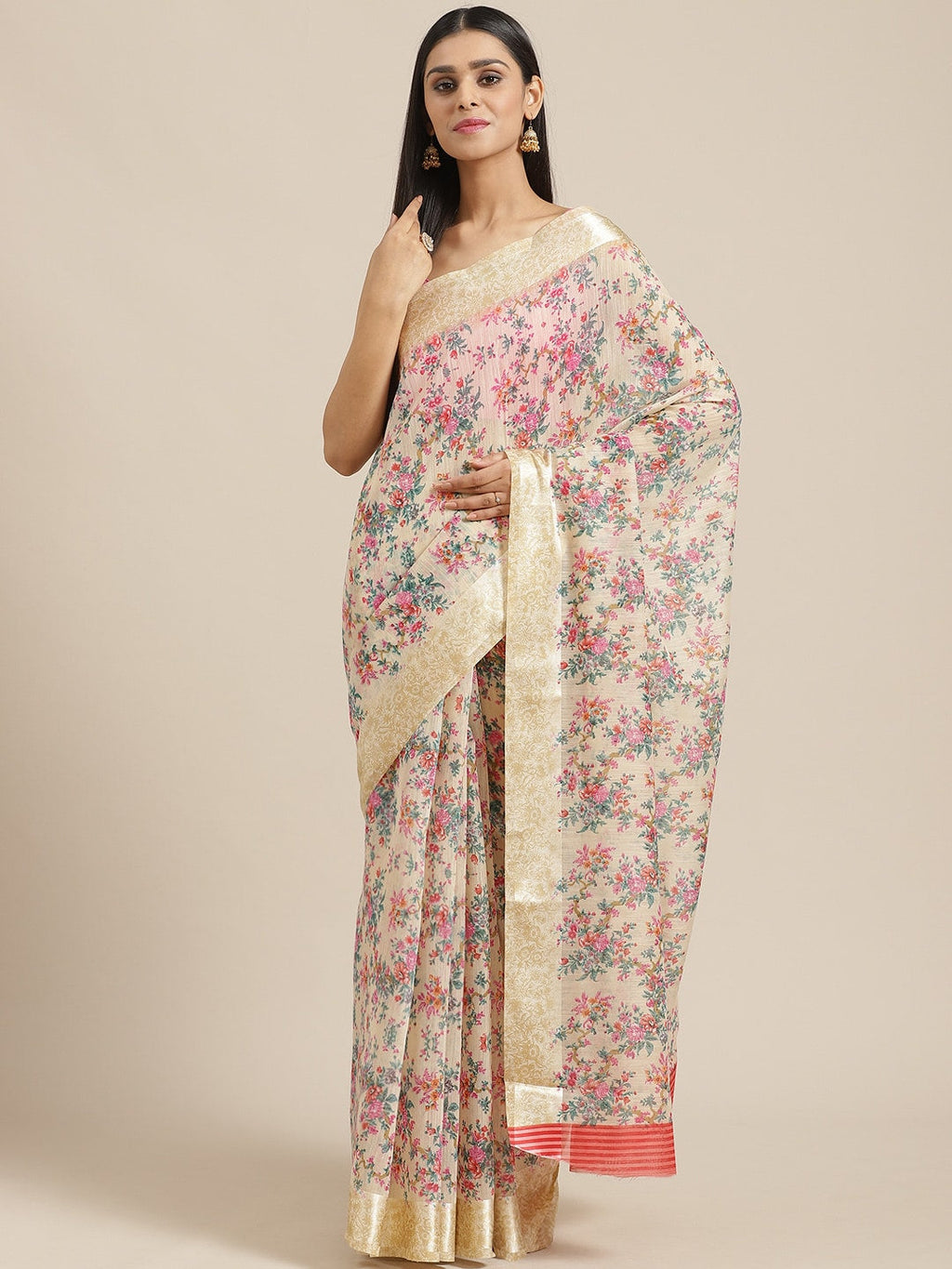 Saree Mall Cream-Coloured & Pink Floral Print Saree | Grocsy