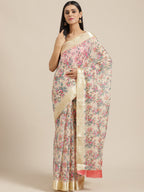 Saree Mall Cream-Coloured & Pink Floral Print Saree | Grocsy