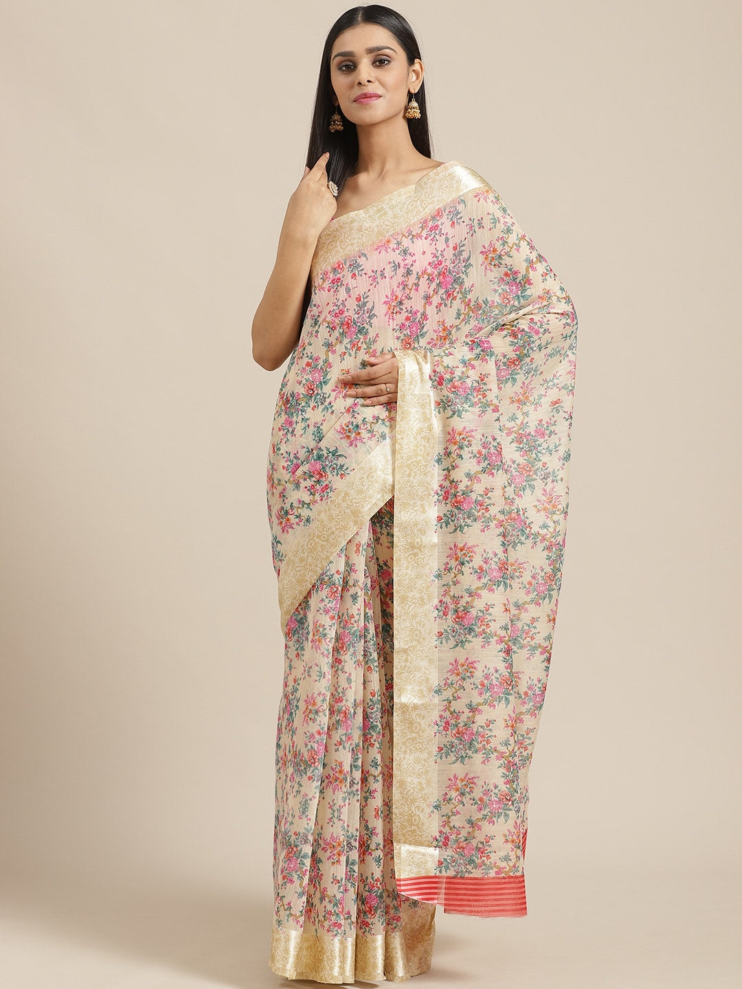 Saree Mall Cream-Coloured & Pink Floral Print Saree | Grocsy