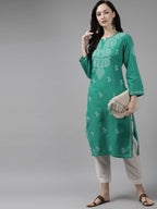 ADA Women Green & White Ethnic Motifs Hand Embroidered Chikankari Handloom Kurta | Grocsy