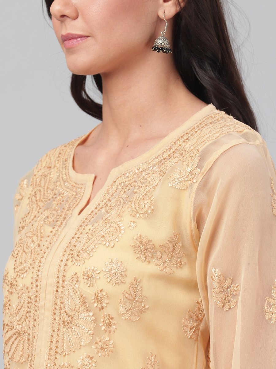 ADA Women Beige Chikankari Hand Embroidered Straight Sustainable Handloom Kurta With Slip | Grocsy