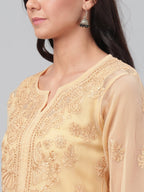 ADA Women Beige Chikankari Hand Embroidered Straight Sustainable Handloom Kurta With Slip | Grocsy