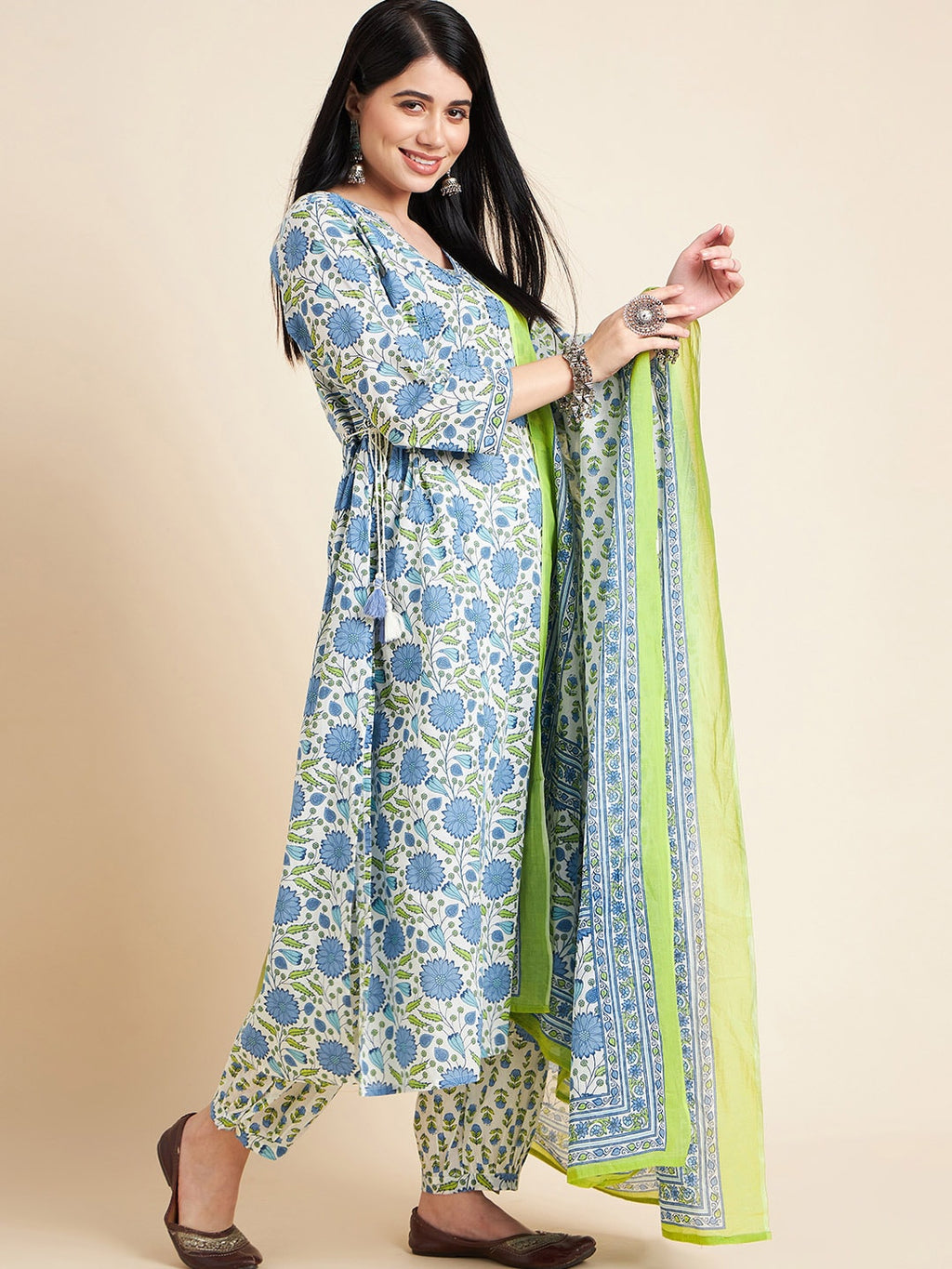 Sangria White Floral Printed V-Neck Pure Cotton Anarkali Kurta With Trouser & Dupatta | Grocsy