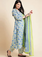 Sangria White Floral Printed V-Neck Pure Cotton Anarkali Kurta With Trouser & Dupatta | Grocsy