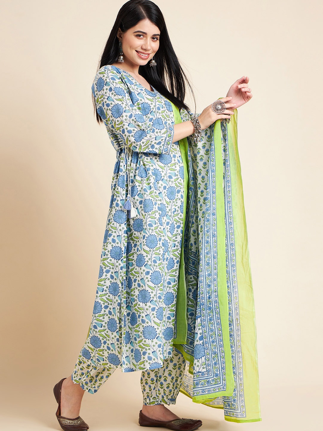 Sangria White Floral Printed V-Neck Pure Cotton Anarkali Kurta With Trouser & Dupatta | Grocsy