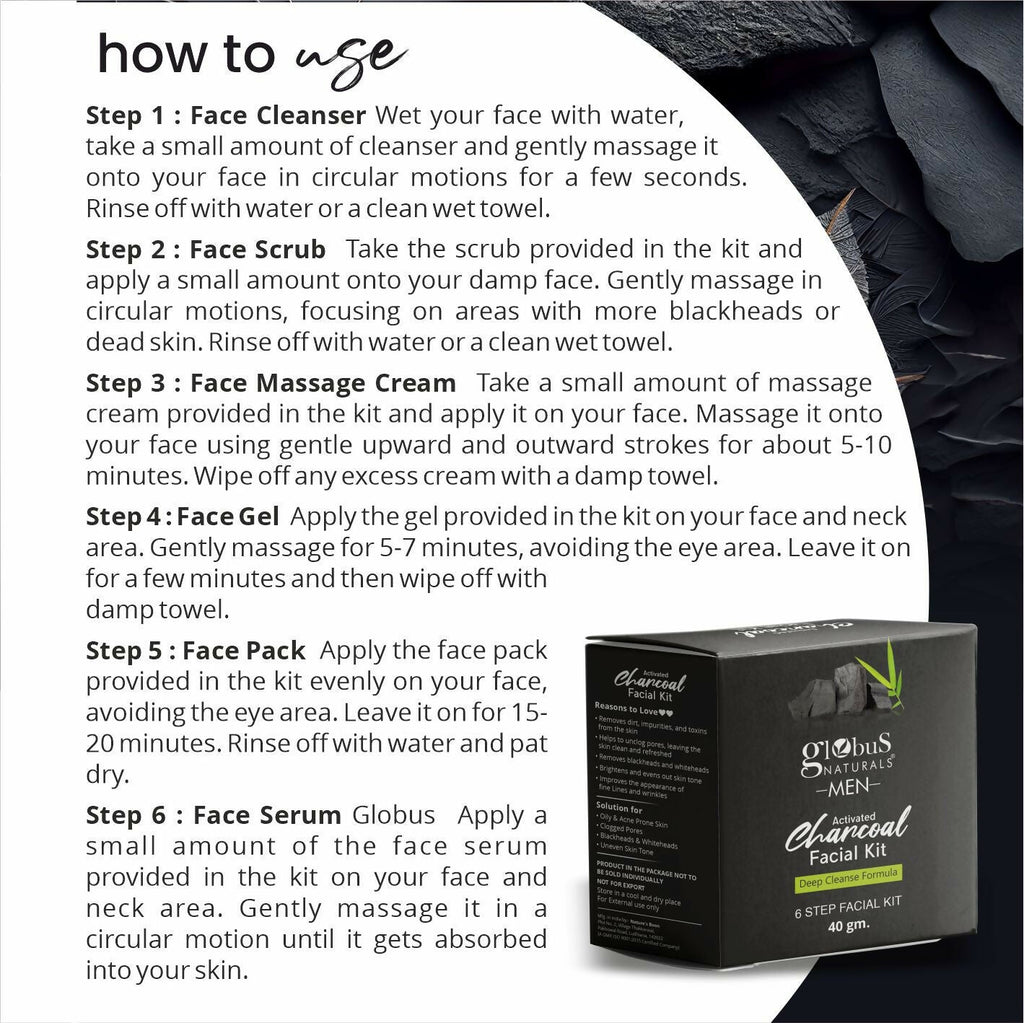 Globus Naturals Anti-Pollution Charcoal Men 6 Step Facial Kit | Grocsy