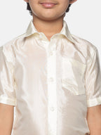 Sethukrishna Boys Cream-Coloured & Gold-Toned Shirt with Dhoti Set | Grocsy