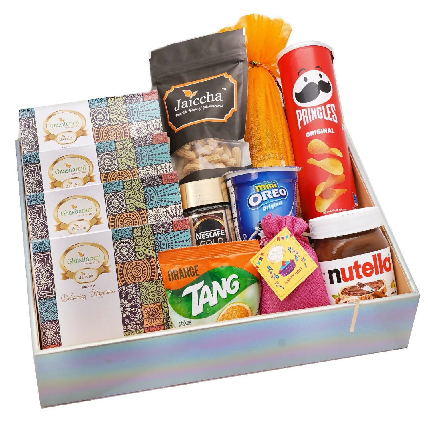 Ghasitaram Colourful Hamper Basket of Holi Goodies | Grocsy