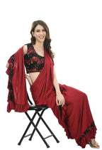 Mominos Fashion All Season Wear Olive Red And Black Ruffled Ready To Wear Saree