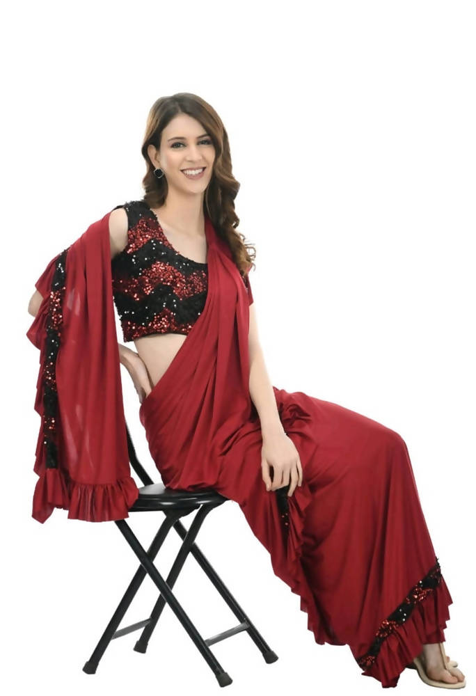 Mominos Fashion All Season Wear Olive Red And Black Ruffled Ready To Wear Saree