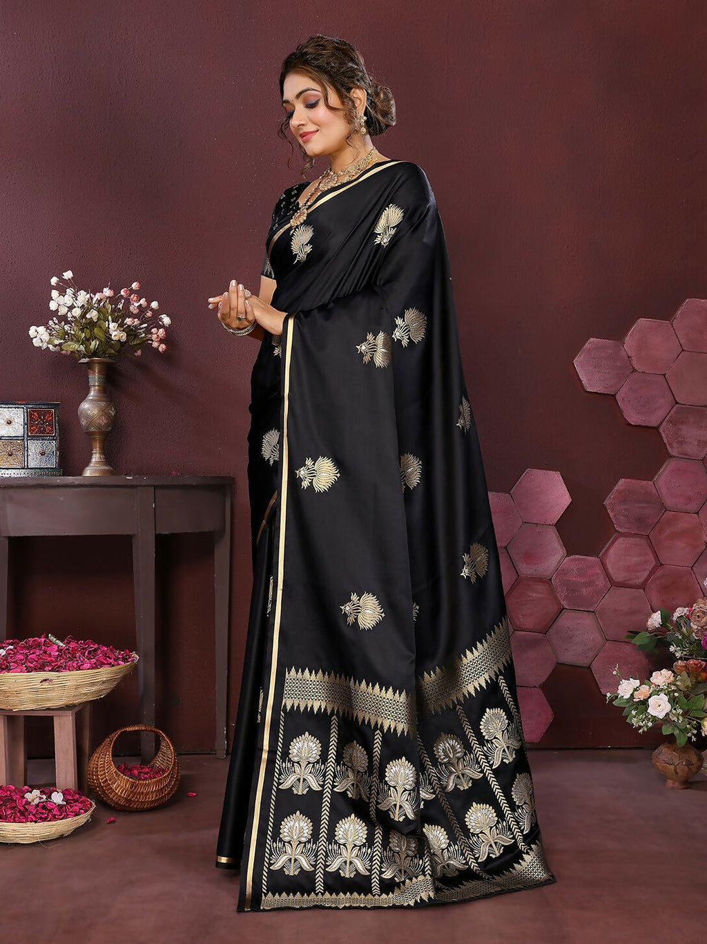 Joban Fashion Black Floral Motifs Banarasi Silk Sarees | Grocsy