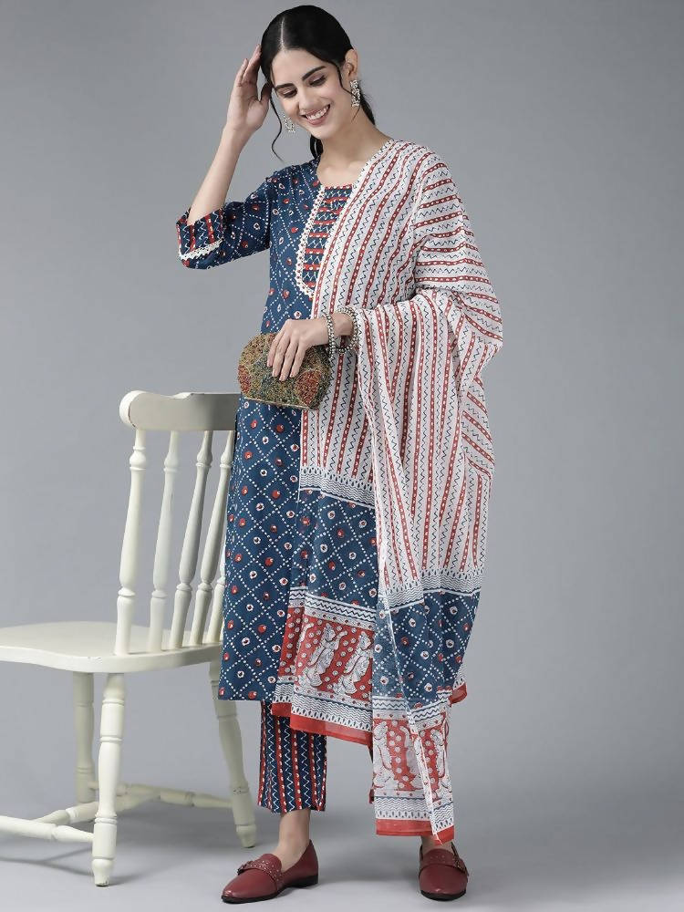 Yufta Women Blue & White Printed Pure Cotton Kurta with Palazzo & With Dupatta | Grocsy
