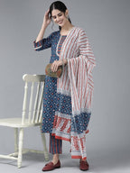 Yufta Women Blue & White Printed Pure Cotton Kurta with Palazzo & With Dupatta | Grocsy