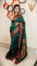 Exclusive Collection Beautiful Linen Banarashi Green Pure Cotton Handloom Saree With Running Blouse Piece | Grocsy