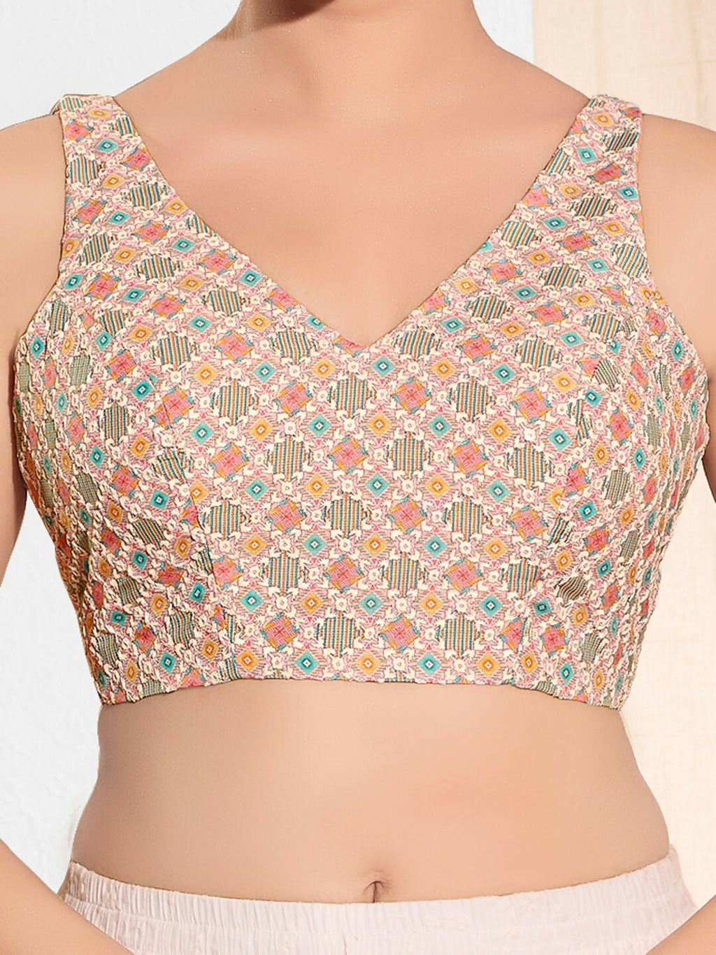 Joban Fashion Peach Jacquard Padded Blouse With V Neck Sleeveless | Grocsy