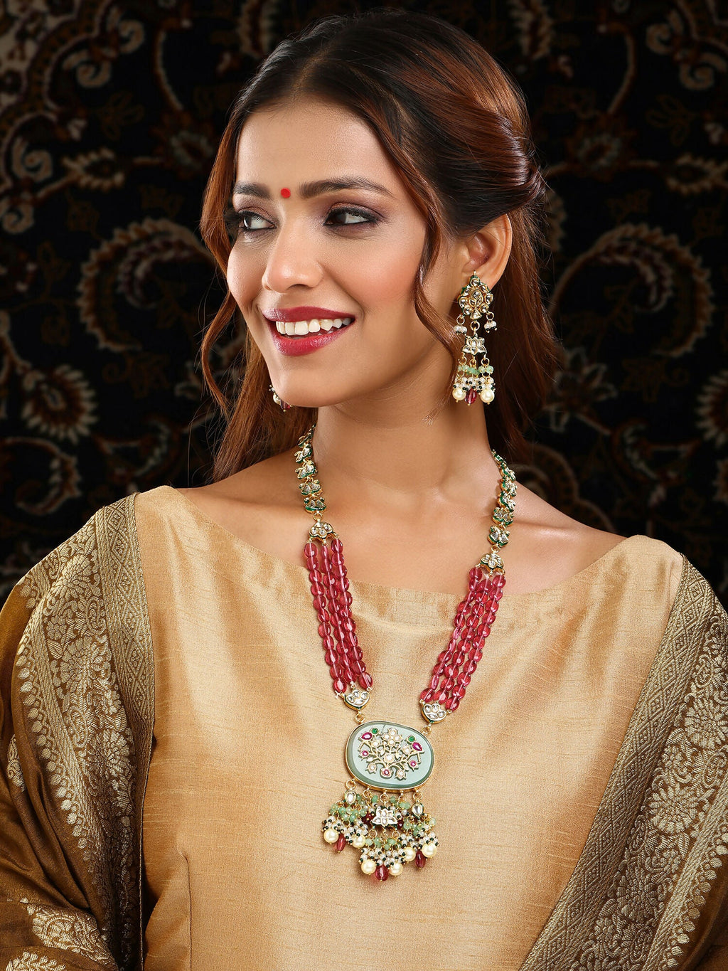Ruby Raang 22k Gold Polished Long Multi Kundan Necklace With Earrings | Grocsy