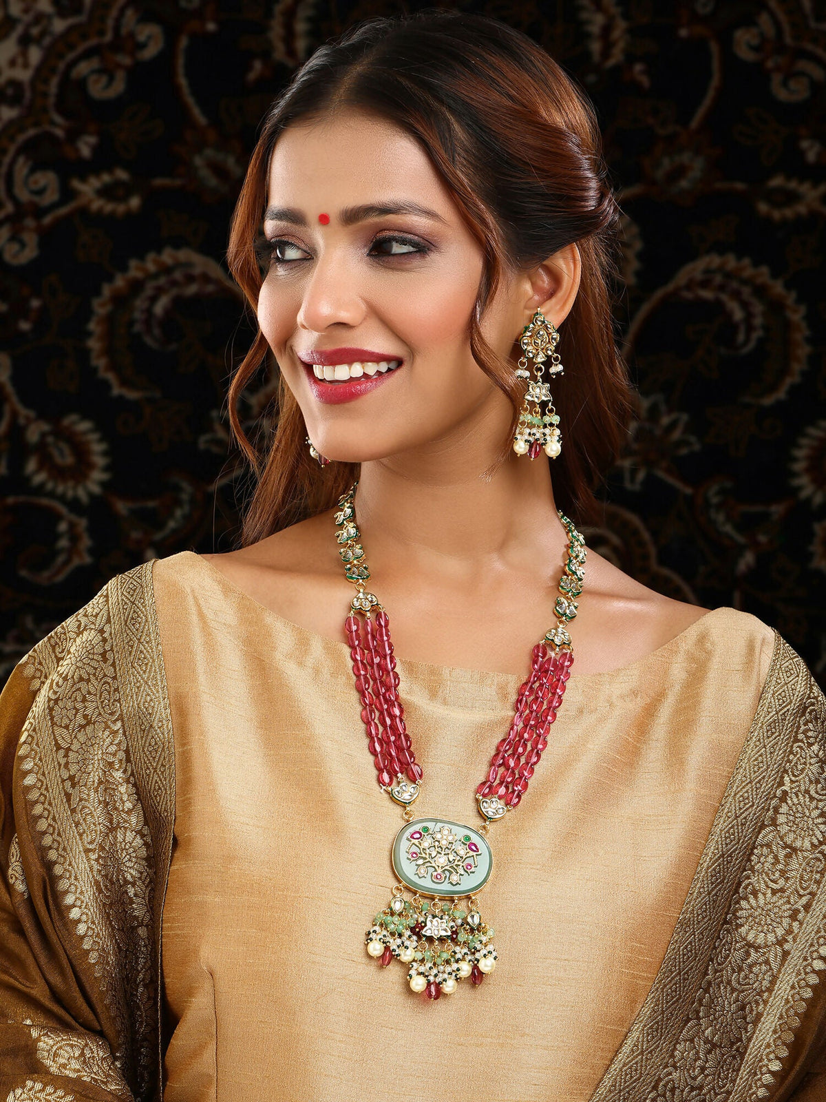 Ruby Raang 22k Gold Polished Long Multi Kundan Necklace With Earrings | Grocsy