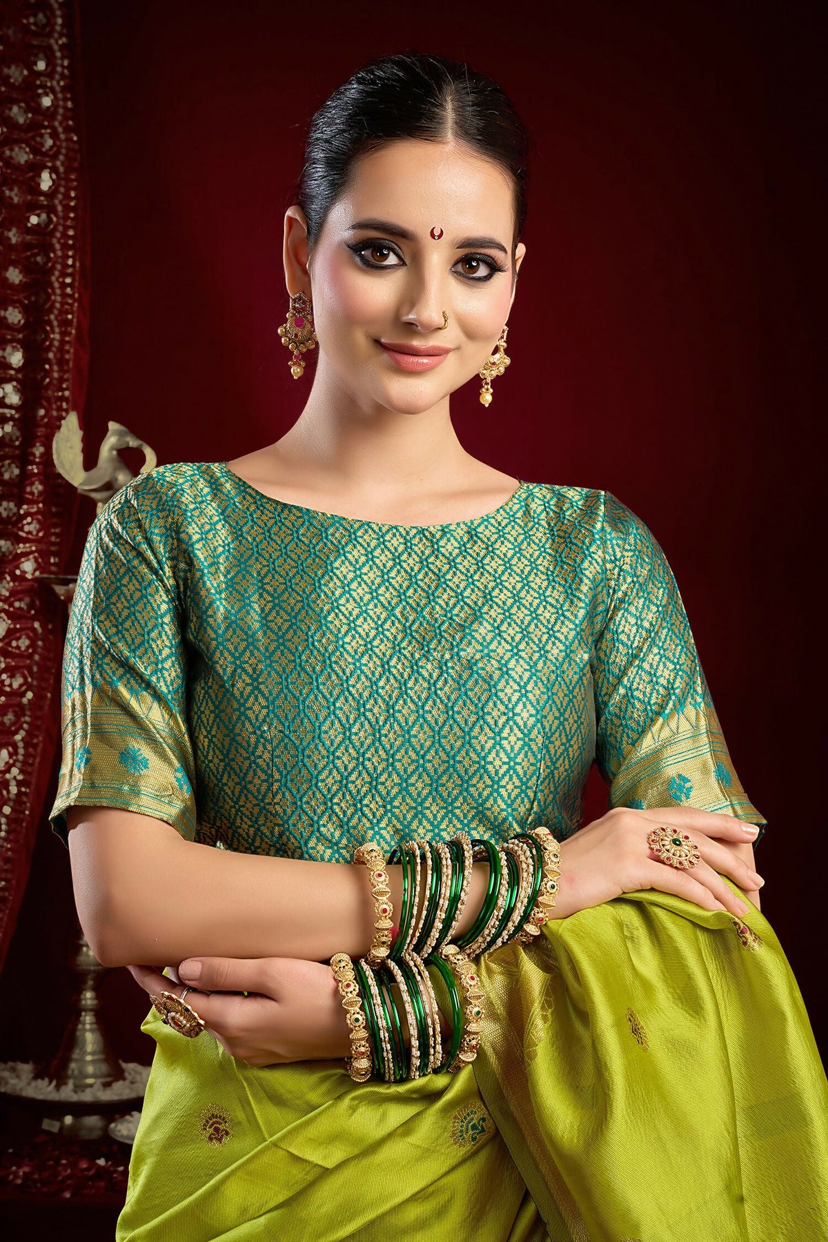 Joban Fashion Mustard Green Paithani Silk Blend Butti Saree | Grocsy