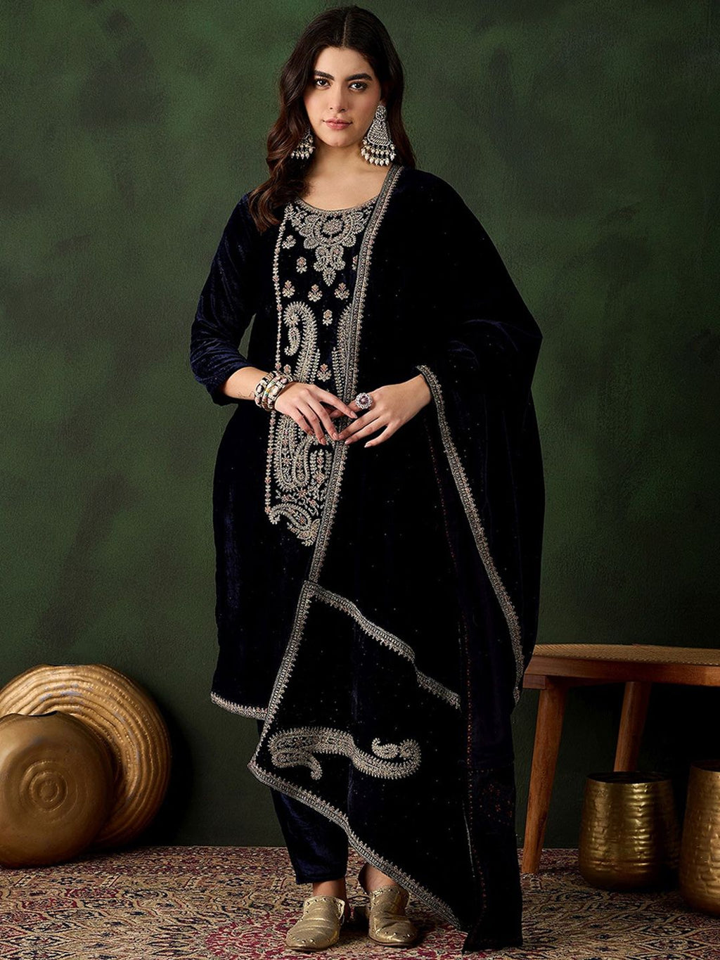 Sangria Floral Embroidered Straight Kurta & Trousers With Dupatta | Grocsy