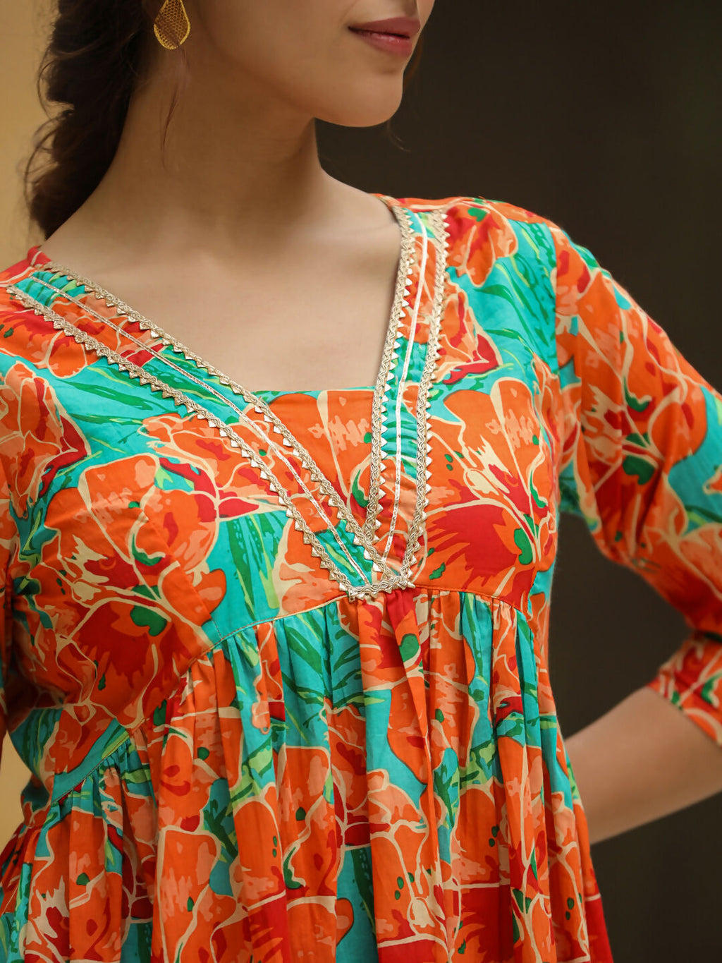 Janasya Orange Cotton Floral Kurta & Bottom | Grocsy