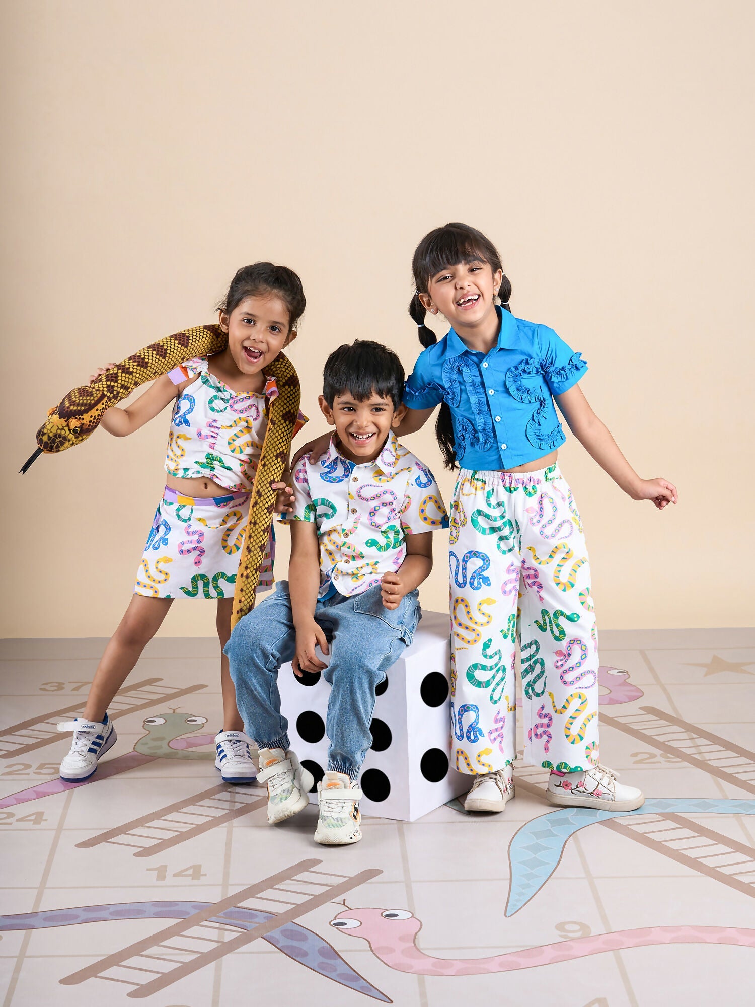 Snakes and Ladders Girls Blue Shirt and Multi Color Snake Print Pant Set from Siblings Collection | Grocsy