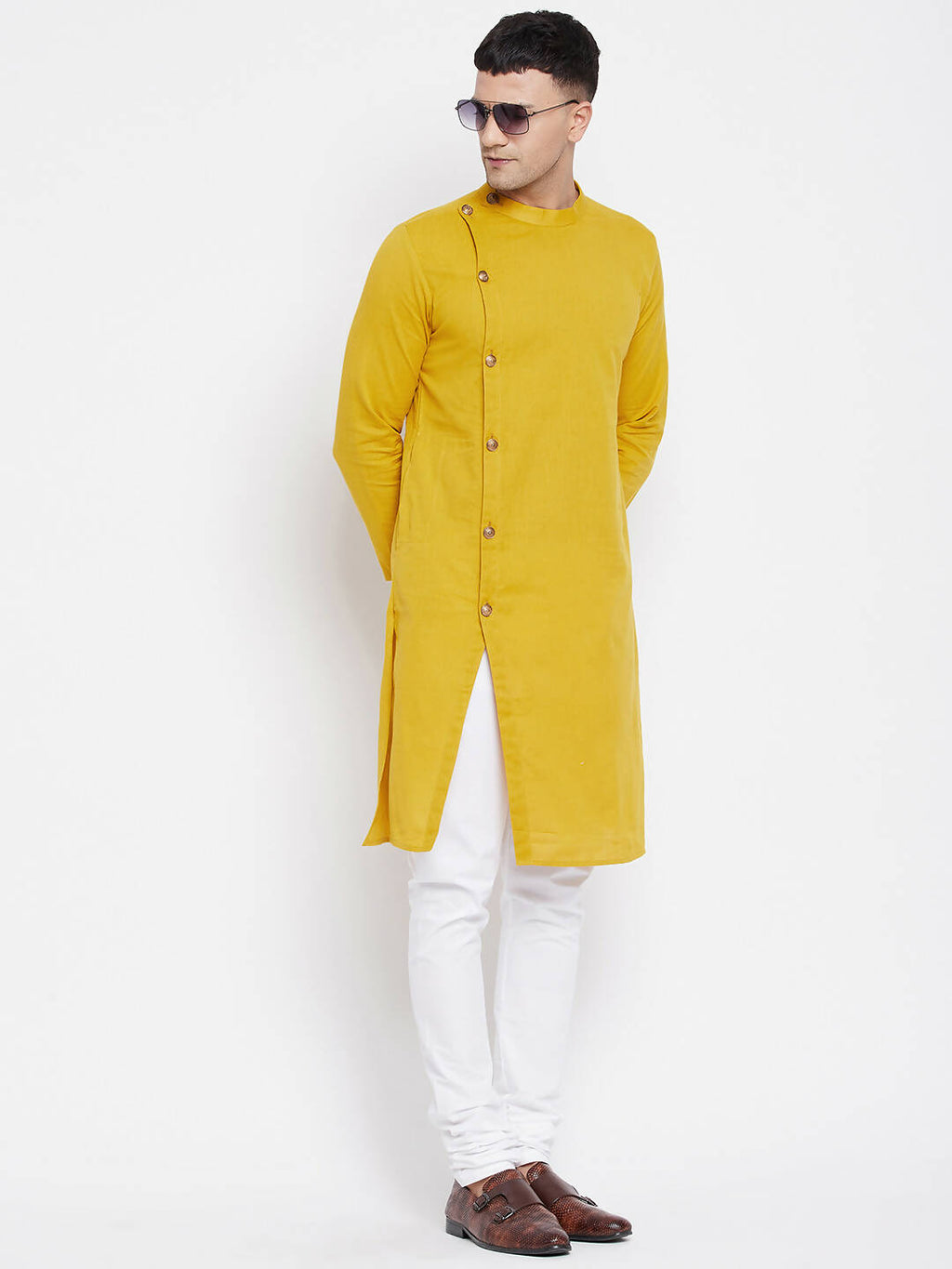 Even Apparels Yellow Pure Cotton Men's Sherwani Kurta With Asymetrical Cut | Grocsy