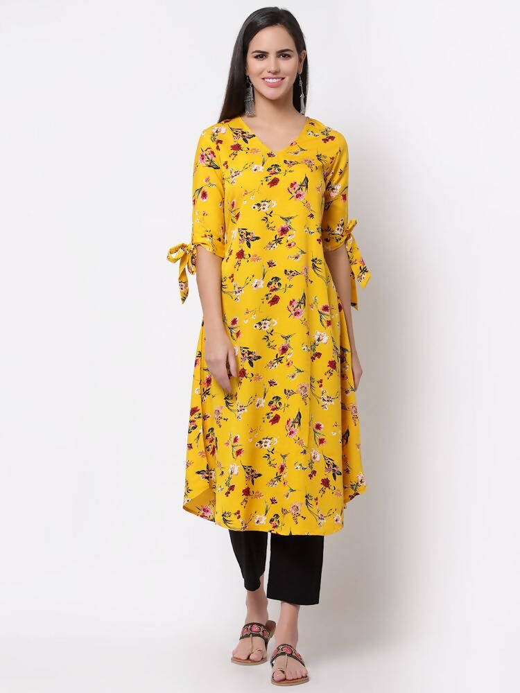 Myshka Women's Crepe Printed Half Sleeve V - Neck Casual Yellow Kurta | Grocsy