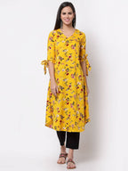 Myshka Women's Crepe Printed Half Sleeve V - Neck Casual Yellow Kurta | Grocsy