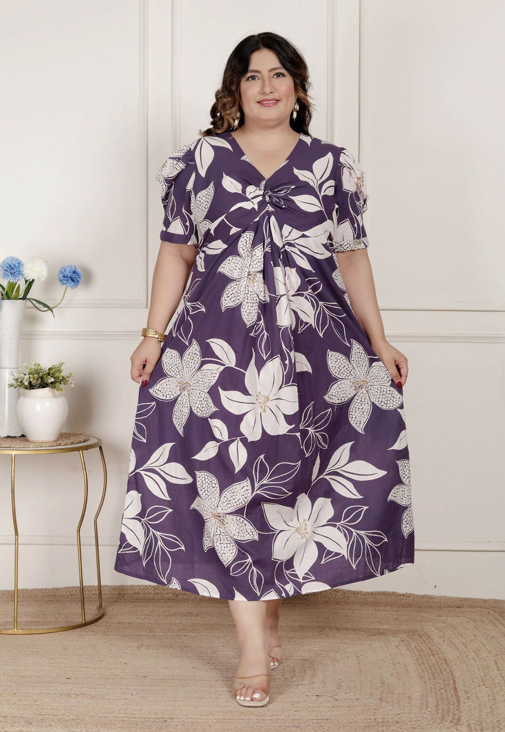 Miravan Womens Plus Size Purple Pleated Puff Sleeve Floral Pure Cotton Butterfly Middi Dress | Grocsy
