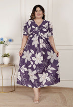 Miravan Womens Plus Size Purple Pleated Puff Sleeve Floral Pure Cotton Butterfly Middi Dress | Grocsy