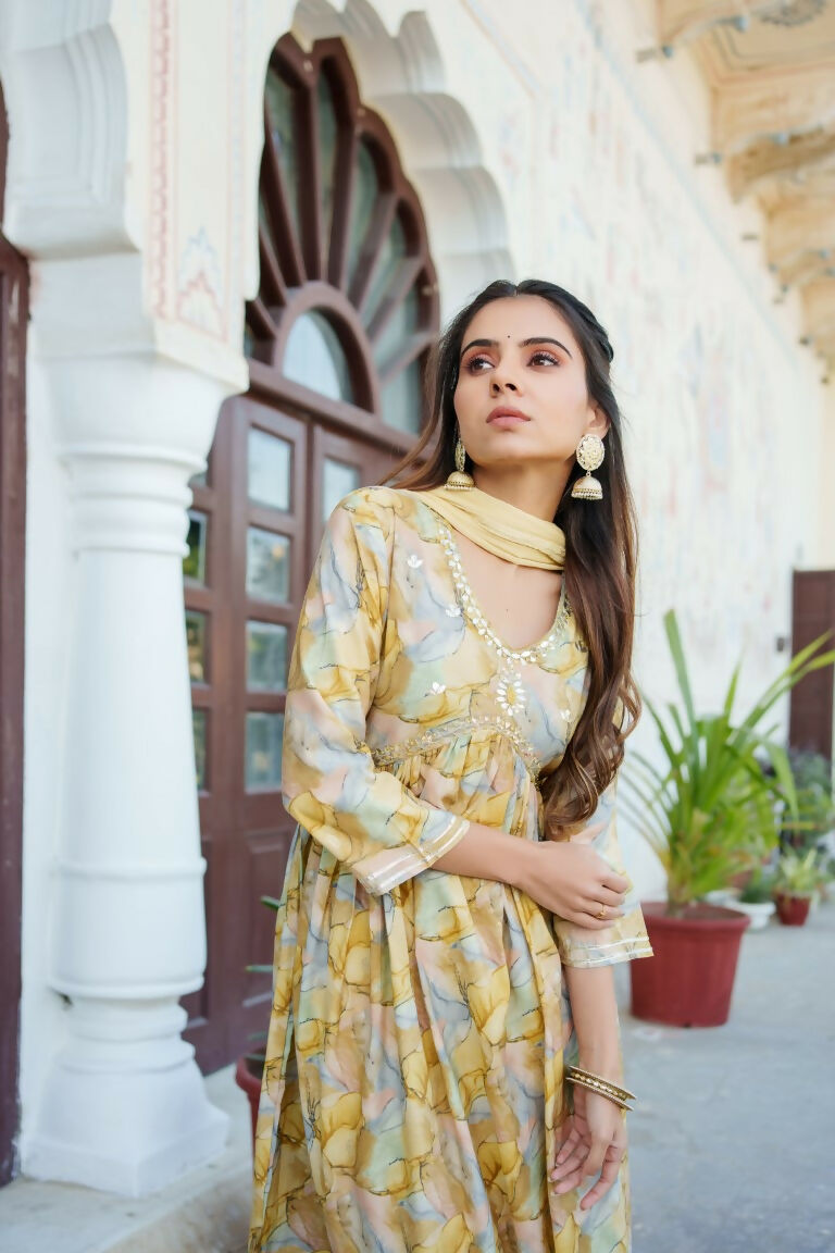 Vaasva Women Yellow Muslin Embroidered Kurta, Pant & Dupatta Set | Grocsy