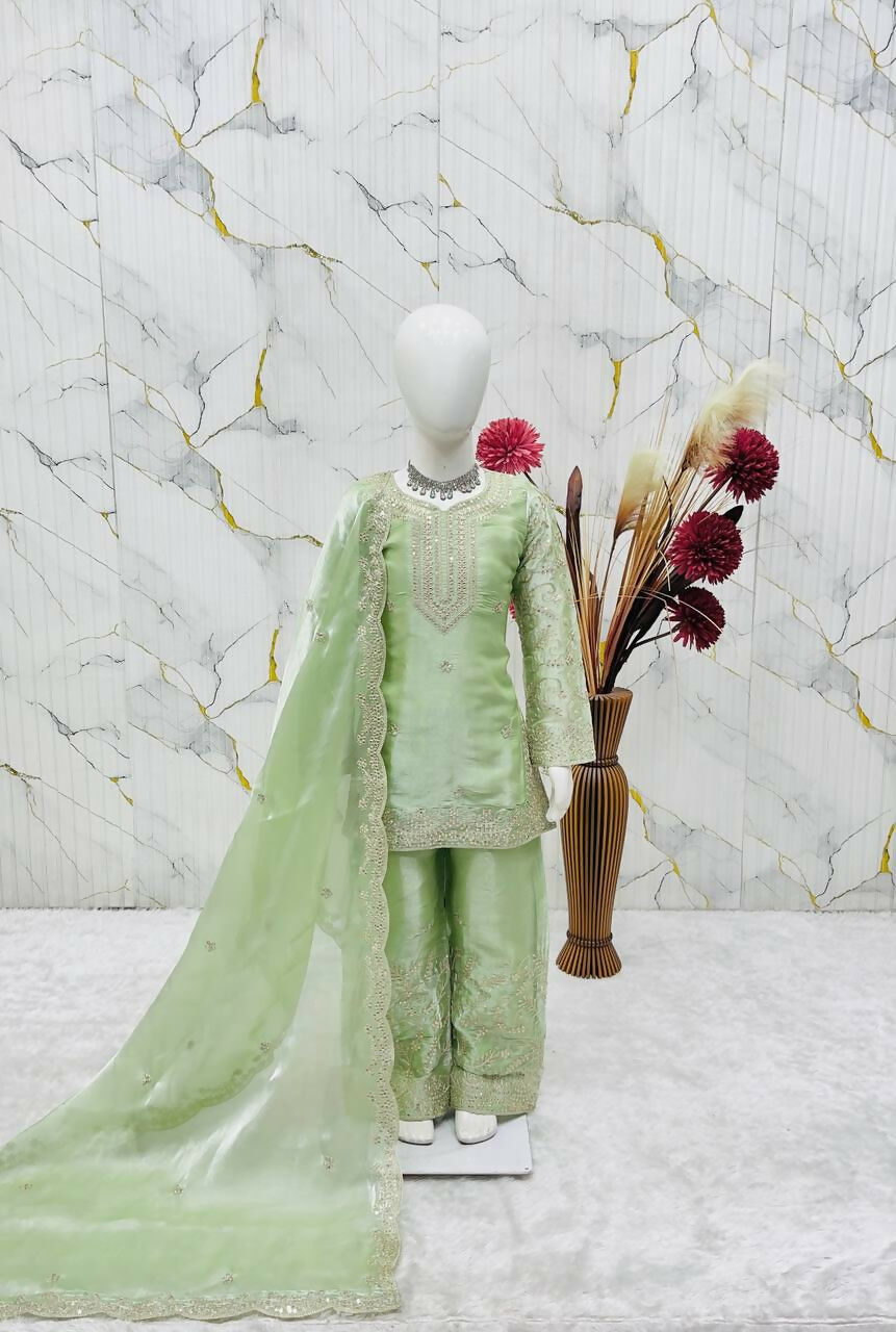 Teeya Creation New Kids Wedding Wear Heavy Embroidery Sequence Work Kurta Sharara Set-Green | Grocsy