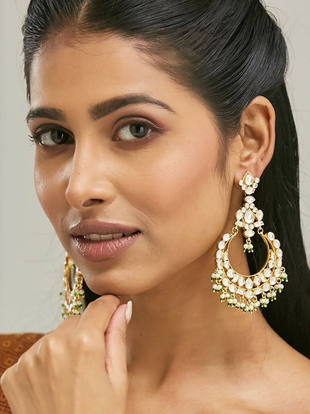 Nuyug 22K Gold-Plated Elegant Kundan Studded & Beaded Floral Chandbali Earrings | Grocsy