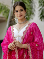 The52 White Women's Gorgeous Embroidered Chanderi Fabric Straight Kurta, Pant and Dupatta Set | Grocsy