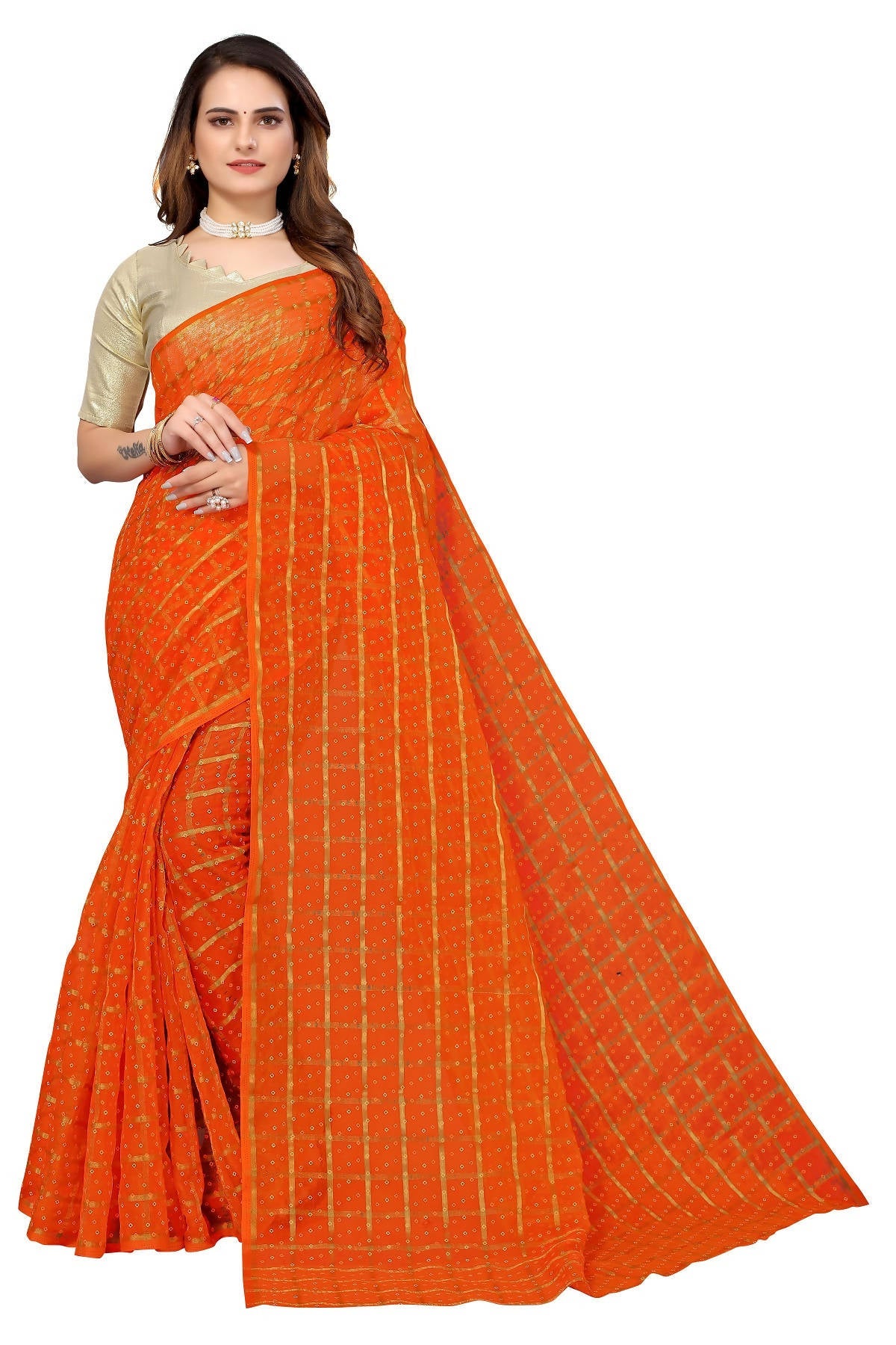 Vamika Ethnic Fire Orange Jari Work Chiffon Saree | Grocsy