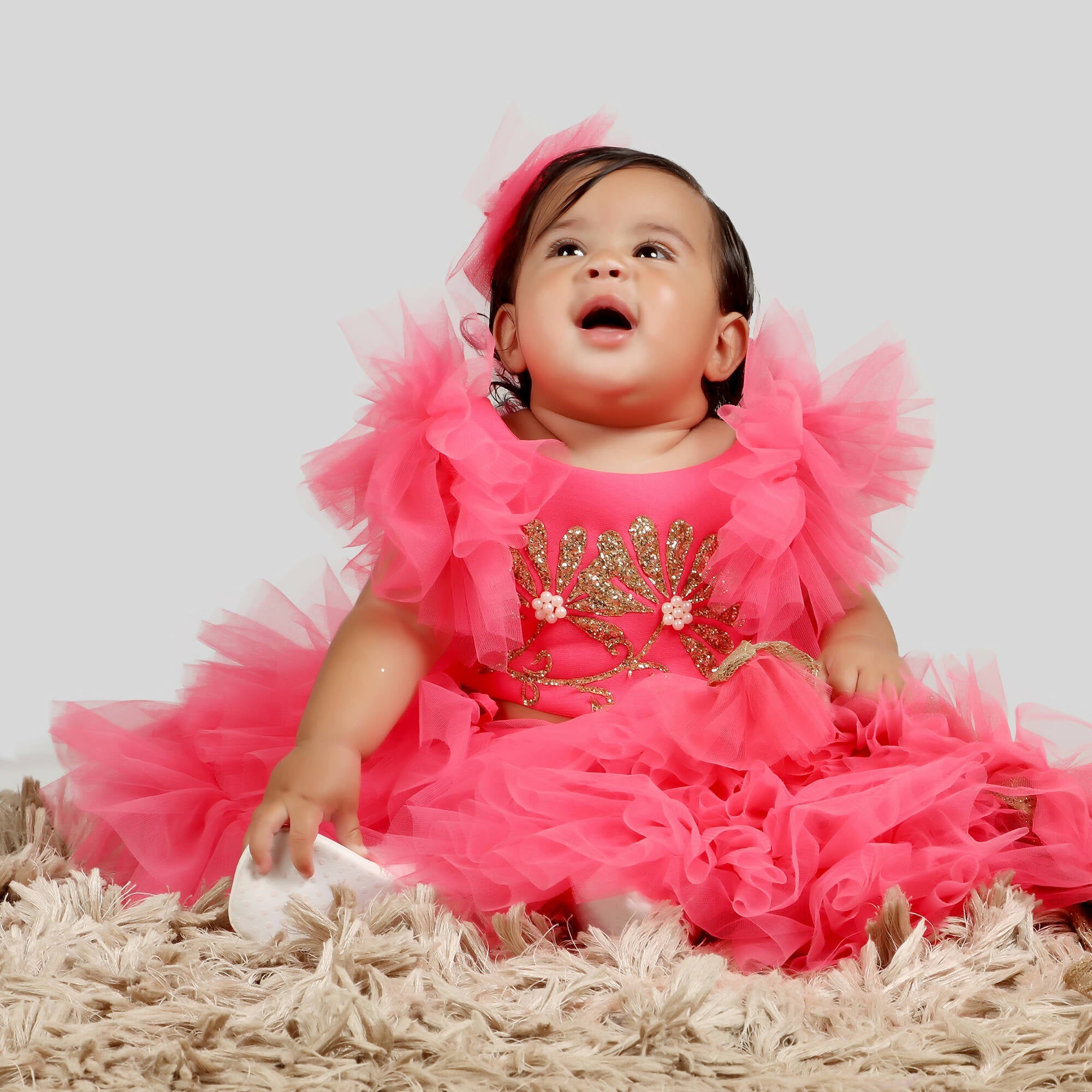 Pink Cow Fashions Pink Gown With Frill Sleeves & Ghera | Grocsy