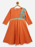 Ahalyaa Orange Crepe Gold Striped Printed Kids Dress Kurta With Attached Dupatta For Girls | Grocsy